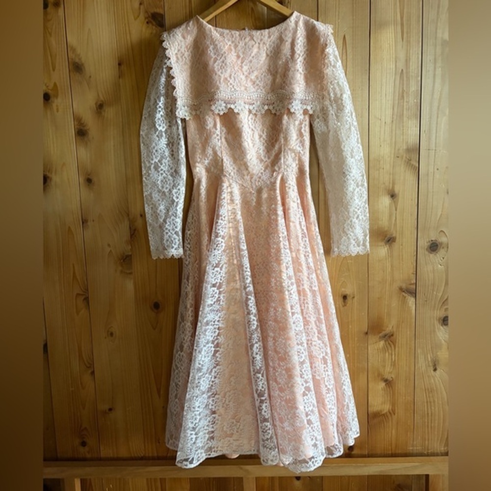 Vintage 70s Gunne Sax Peach Bib Dress